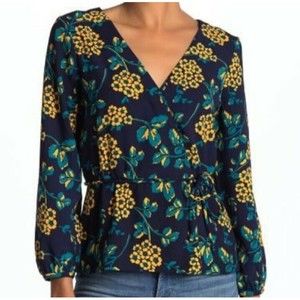 J Crew Womens Navy Blue Yellow Floral Print Faux Wrap Top Blouse Size XS medium